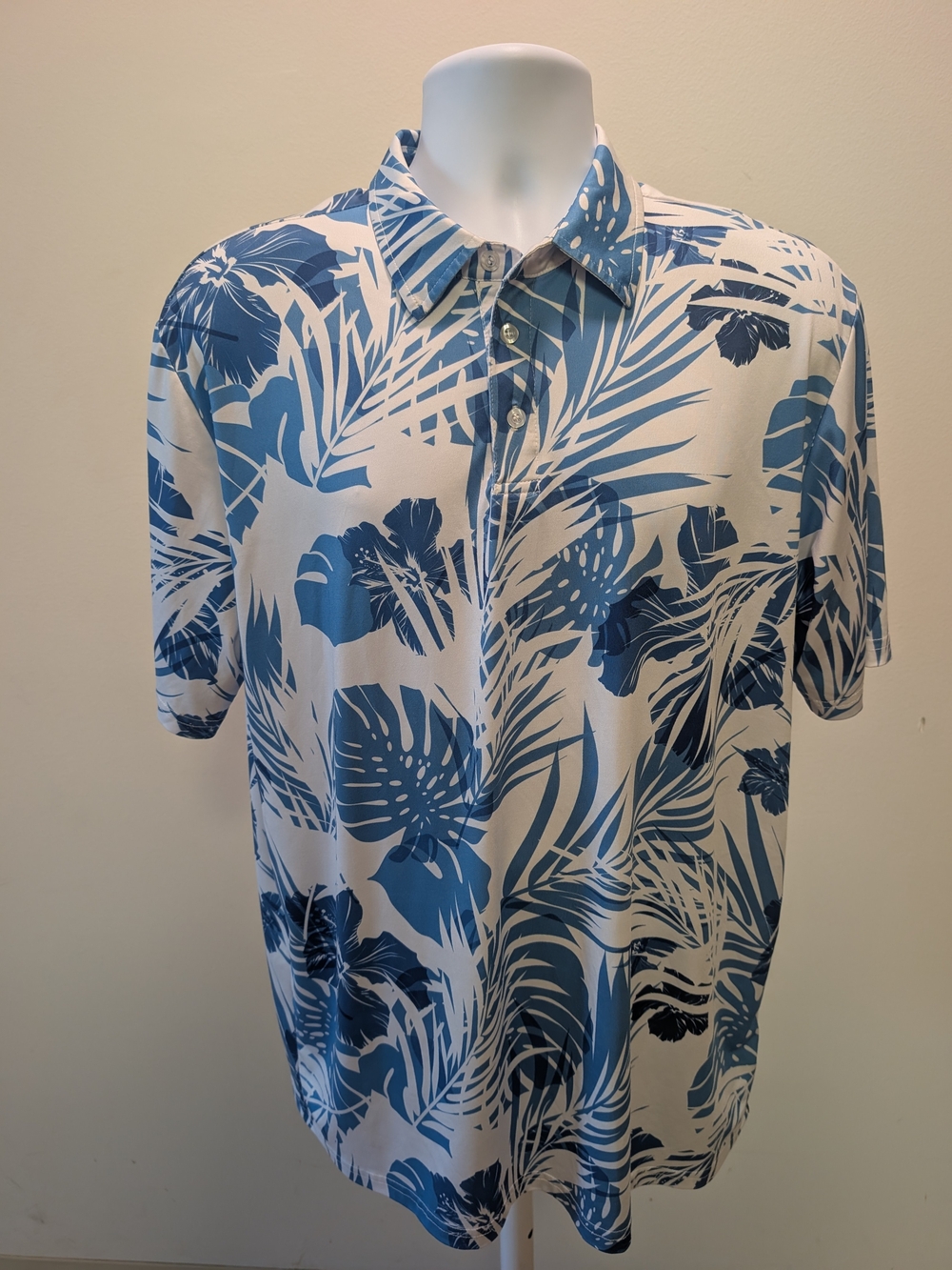 Men's Blue & White Tropical Print Short-Sleeve Shirt